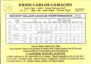 1985 Donruss #129 Ernie Camacho Back