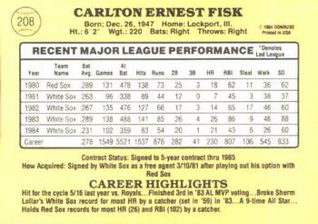 1985 Donruss #208 Carlton Fisk Back