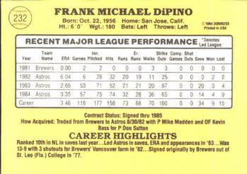 1985 Donruss #232 Frank DiPino Back