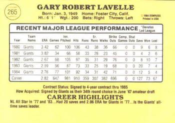 1985 Donruss #265 Gary Lavelle Back