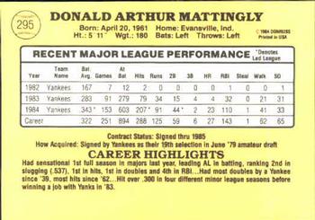 1985 Donruss #295 Don Mattingly Back