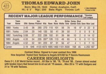 1985 Donruss #423 Tommy John Back