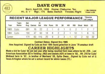 1985 Donruss #483 Dave Owen Back