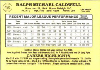 1985 Donruss #490 Mike Caldwell Back