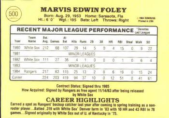 1985 Donruss #500 Marvis Foley Back