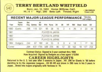 1985 Donruss #540 Terry Whitfield Back