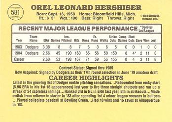 1985 Donruss #581 Orel Hershiser Back