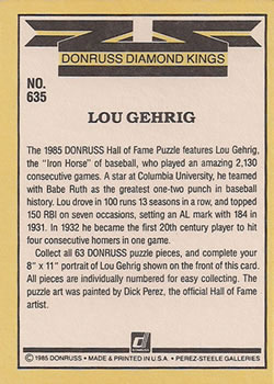 1985 Donruss #635 Lou Gehrig Back