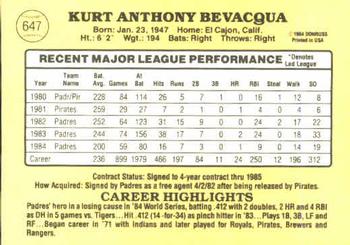 1985 Donruss #647 Kurt Bevacqua Back