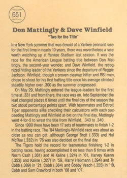 1985 Donruss #651 Two For The Title (Don Mattingly / Dave Winfield) Back