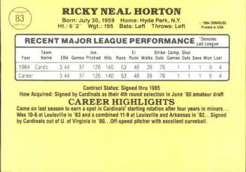 1985 Donruss #83 Ricky Horton Back