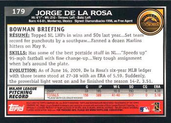 2010 Bowman #179 Jorge De La Rosa Back
