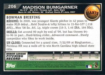 2010 Bowman #206 Madison Bumgarner Back