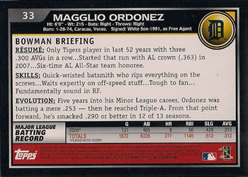 2010 Bowman #33 Magglio Ordonez Back