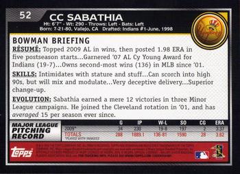 2010 Bowman #52 CC Sabathia Back