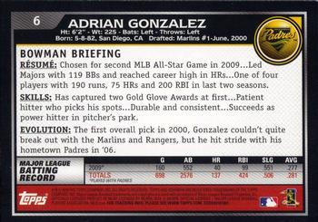 2010 Bowman #6 Adrian Gonzalez Back