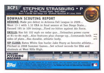 2010 Bowman - Chrome Prospects SuperFractors #BCP1 Stephen Strasburg Back
