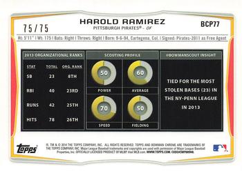 2014 Bowman Chrome - Prospects Green Refractors #BCP77 Harold Ramirez Back