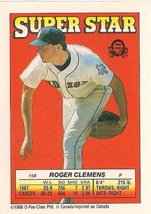 1988 O-Pee-Chee Stickers - Super Star Backs #58 Roger Clemens Front