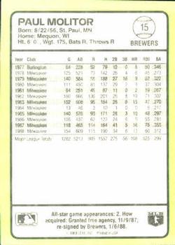 1989 Donruss Baseball's Best #15 Paul Molitor Back