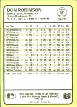 1989 Donruss Baseball's Best #191 Don Robinson Back