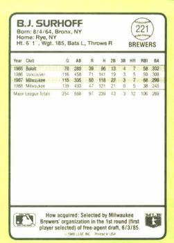 1989 Donruss Baseball's Best #221 B.J. Surhoff Back