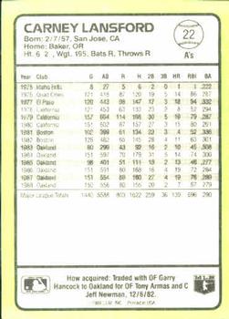 1989 Donruss Baseball's Best #22 Carney Lansford Back
