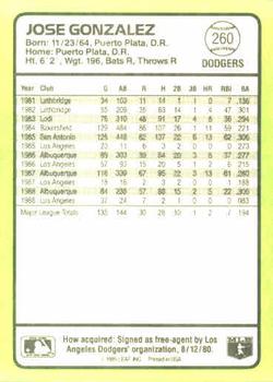 1989 Donruss Baseball's Best #260 Jose Gonzalez Back