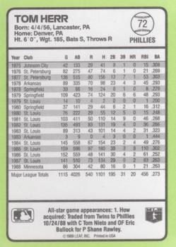 1989 Donruss Baseball's Best #72 Tom Herr Back