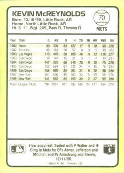1989 Donruss Baseball's Best #70 Kevin McReynolds Back