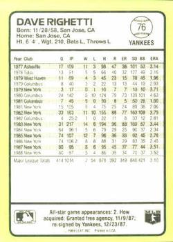 1989 Donruss Baseball's Best #76 Dave Righetti Back