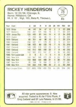1989 Donruss Baseball's Best #78 Rickey Henderson Back
