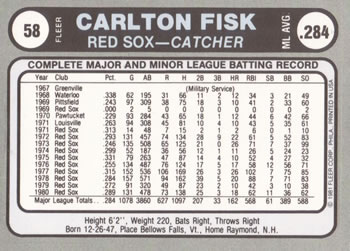 1981 Fleer Star Stickers #58 Carlton Fisk Back