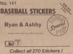 1983 Fleer Star Stickers #141 Nolan Ryan / Alan Ashby Back
