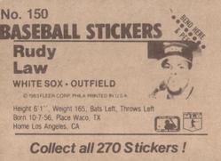 1983 Fleer Star Stickers #150 Rudy Law Back