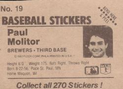 1983 Fleer Star Stickers #19 Paul Molitor Back