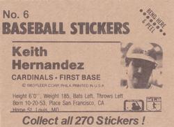 1983 Fleer Star Stickers #6 Keith Hernandez Back