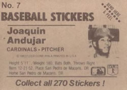 1983 Fleer Star Stickers #7 Joaquin Andujar Back