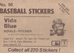 1983 Fleer Star Stickers #96 Vida Blue Back