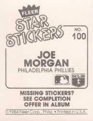 1984 Fleer Star Stickers #100 Joe Morgan Back