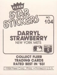 1984 Fleer Star Stickers #104 Darryl Strawberry Back