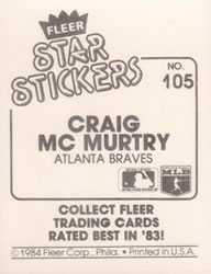 1984 Fleer Star Stickers #105 Craig McMurtry Back