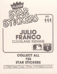 1984 Fleer Star Stickers #111 Julio Franco Back