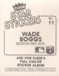 1984 Fleer Star Stickers #11 Wade Boggs Back