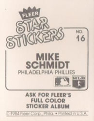 1984 Fleer Star Stickers #16 Mike Schmidt Back