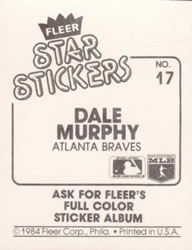 1984 Fleer Star Stickers #17 Dale Murphy Back