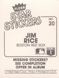 1984 Fleer Star Stickers #20 Jim Rice Back