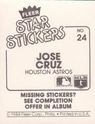 1984 Fleer Star Stickers #24 Jose Cruz Back