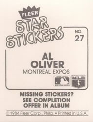 1984 Fleer Star Stickers #27 Al Oliver Back