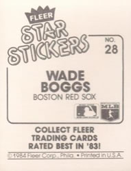 1984 Fleer Star Stickers #28 Wade Boggs Back